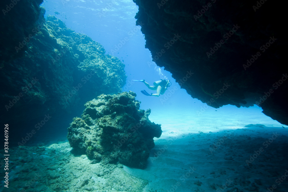 Fototapeta premium Scuba Diver at Eden Rock, Cayman Islands, Caribbean