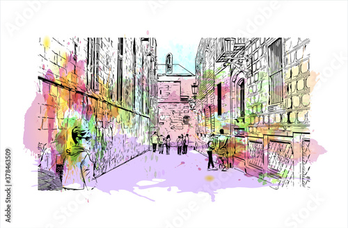 Building view with landmark of Barcelona is a city on the coast of northeastern Spain. Watercolor splash with hand drawn sketch illustration vector.