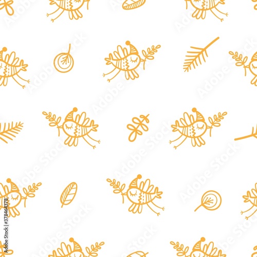 Seamless pattern with cute cartoon birds on white background. Autum time. Funny animals. Leaf fall.