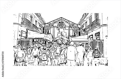 Building view with landmark of Barcelona is a city on the coast of northeastern Spain. Hand drawn sketch illustration in vector.