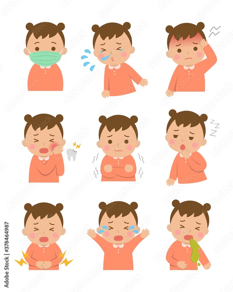 9 kinds of cute children sick, fever, sickness, crying, cartoon comic vector illustration, set, isolated 9 kinds of cute children sick, fever, sickness, crying, cartoon comic vector illustration, set, isolated