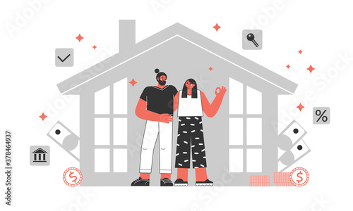 Mortgage concept. A young couple invests money in their homes, in real estate. Profitable mortgages.