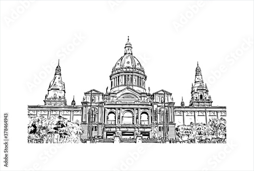 Building view with landmark of Barcelona is a city on the coast of northeastern Spain. Hand drawn sketch illustration in vector.