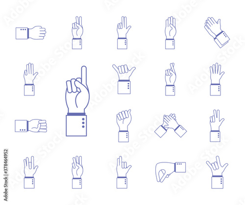 hand sign language alphabet line and fill style set of icons vector design