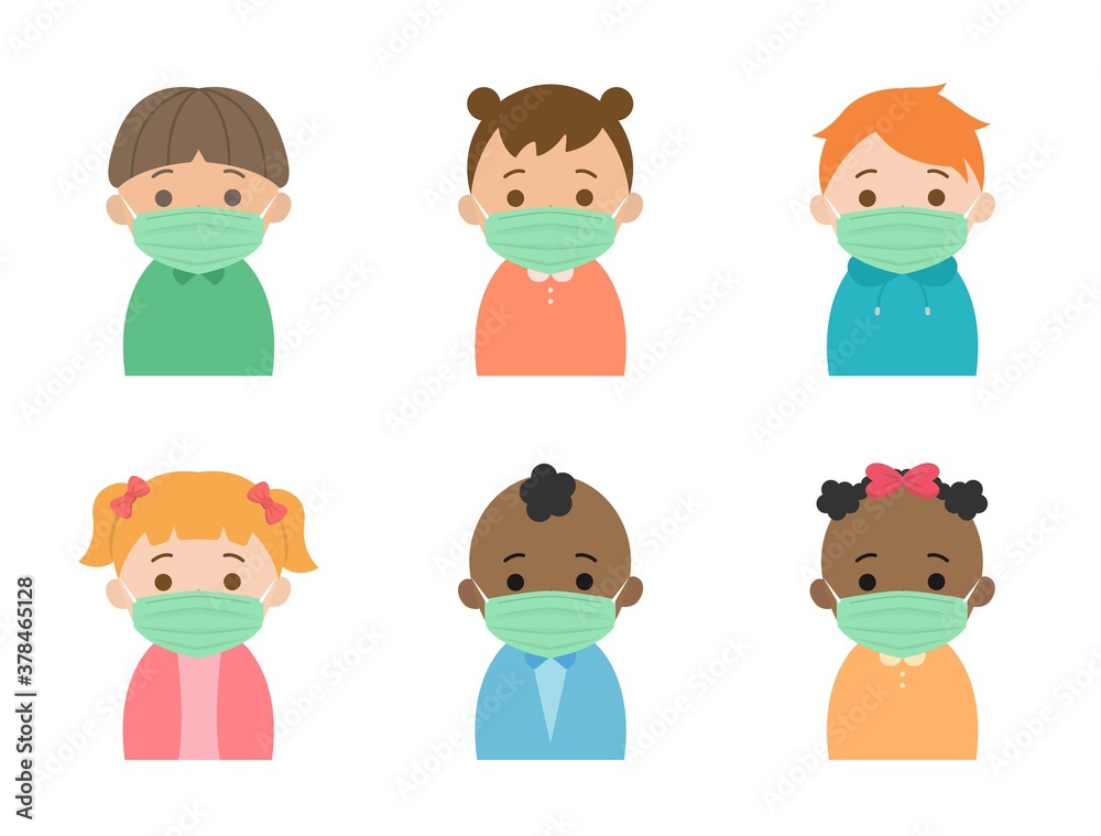 Cute children's daily illustrations set, different races and skin colors, face mask, cartoon comic vector illustration, set, isolated Cute children's daily illustrations set, different races and skin colors, face mask, cartoon comic vector illustration, set, isolated