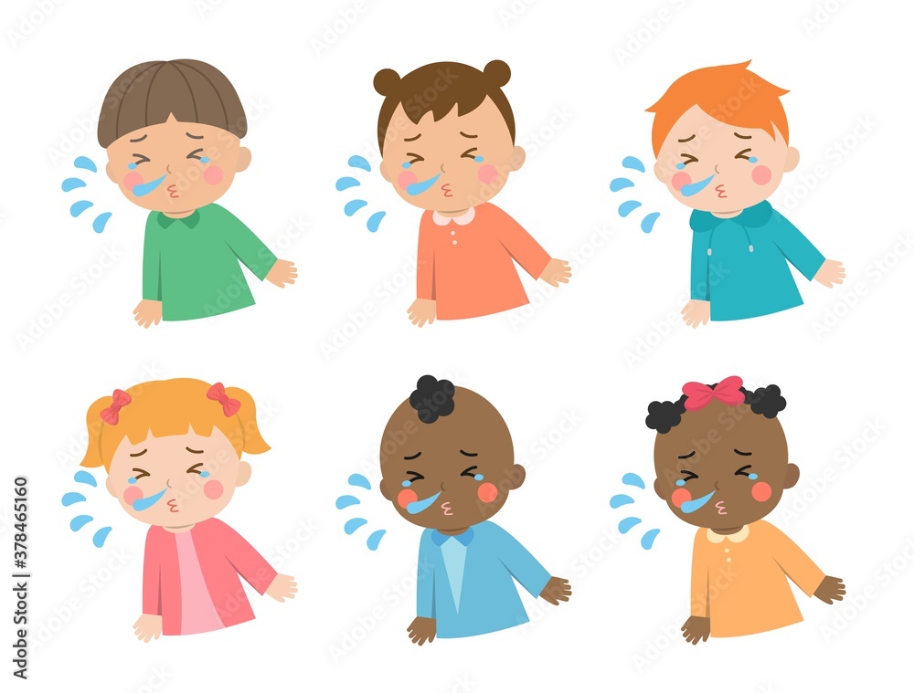 Cute children daily illustration set, different races with skin color, sneezing runny nose cold hay fever, cartoon comic vector illustration, set, isolated Cute children daily illustration set, different races with skin color, sneezing runny nose cold hay fever, cartoon comic vector illustration, set, isolated