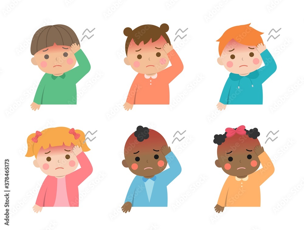 Cute children daily illustrations set, different races with skin color, fever headache virus disease, cartoon comic vector illustration, set, isolated Cute children daily illustrations set, different races with skin color, fever headache virus disease, cartoon comic vector illustration, set, isolated