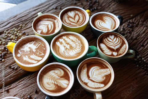 group of hot coffee with Variety of latte art topping on hot coffee