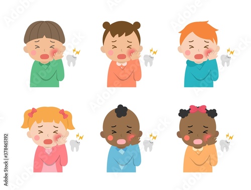 Cute children daily illustration set, different races with skin color, toothache, tooth decay, cartoon comic vector illustration, set, isolated