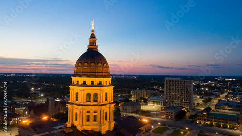 Aerial View at Sunset over the State Capital Building in Topeka Kansas USA photo
