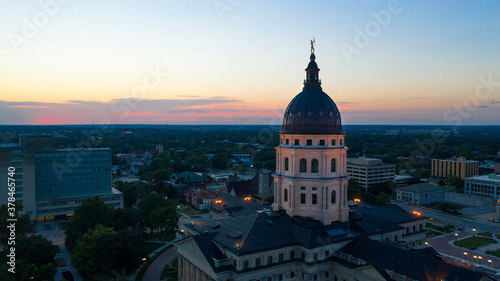 Aerial View at Sunset over the State Capital Building in Topeka Kansas USA