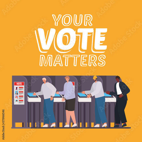 men at voting booth with your vote matters text vector design