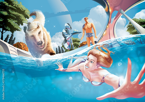Futuristic vector illustration of the beautiful lady swimming in the pool with her dog.