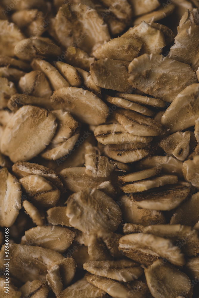 Macro close up portrait of organic oatmeal , studio lighting, selective focus