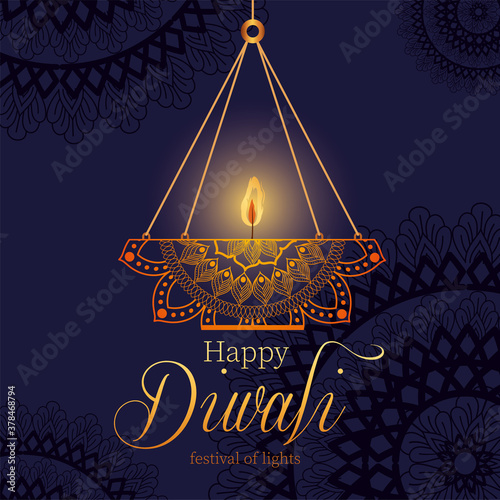 Happy diwali hanging mandala candle on dark blue background vector design