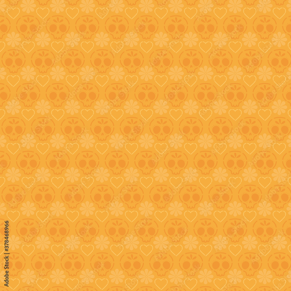 Fototapeta premium Mexican skulls pattern and orange background vector design