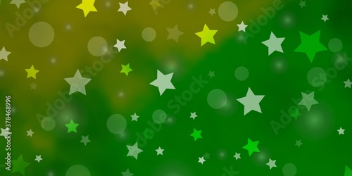 Light Green, Yellow vector background with circles, stars. Colorful disks, stars on simple gradient background. Design for wallpaper, fabric makers.