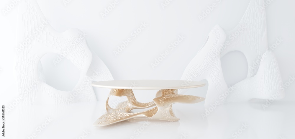 Luxury parametric abstract architectural minimalistic background. Contemporary showroom. Modern white exhibition Empty gallery. Stand, gold table. Interior backlight. 3D illustration and rendering. Luxury parametric abstract architectural minimalistic background. Contemporary showroom. Modern white exhibition Empty gallery. Stand, gold table. Interior backlight. 3D illustration and rendering.