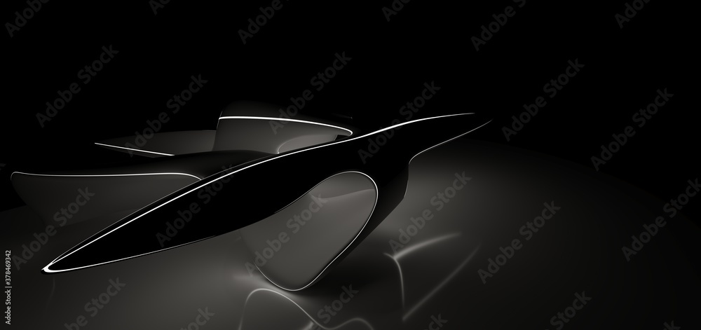 Fototapeta premium Luxury parametric abstract architectural minimalistic background. Contemporary showroom. Modern black exhibition tunnel. Empty gallery. Neon backlight. Night. Space. 3D illustration and rendering.