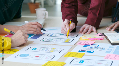 Brainstorm planing creative teamwork, Close up of hands mobile phone app developer team meeting about screen display prototype layout for smartphone, ui, ux concept