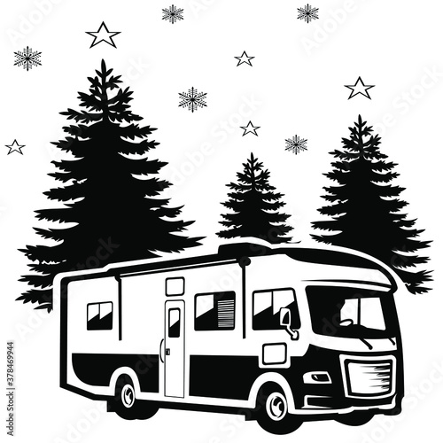 holiday on christmas day with camper van enjoying the outdoor atmosphere full of stars and christmas tree