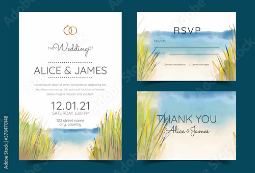 wedding cards, invitation. Save the date sea style design. Romantic beach wedding summer background	