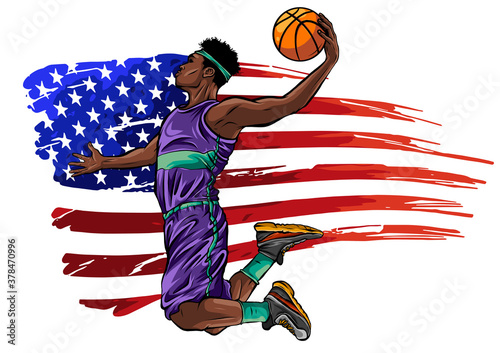 Creative illustration of a Basketball Player on American Flag colors background