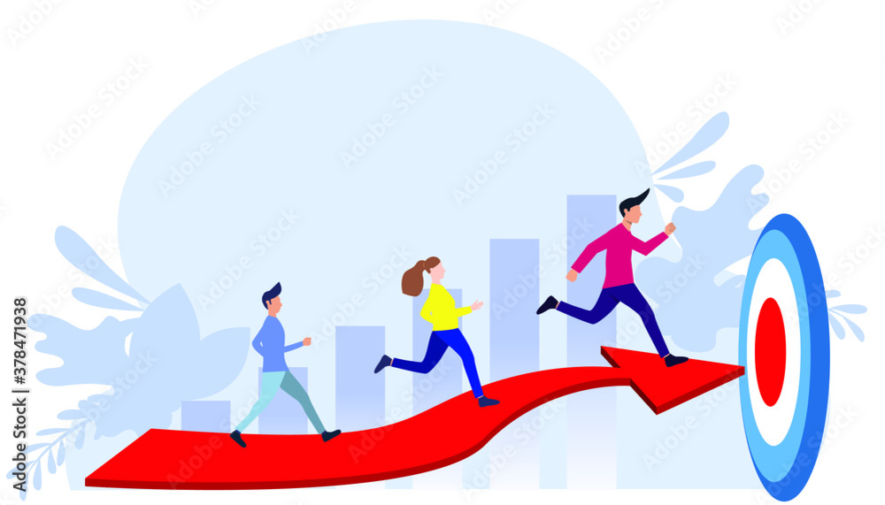 Businessman team  and Lady  running to target flat design creativity  Modern design Idea and Concept Vector illustration 