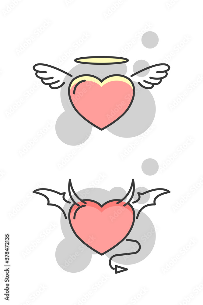 Devil heart and angel heart illustration. Flat style. Isolated. Devil heart and angel heart illustration. Flat style. Isolated.
