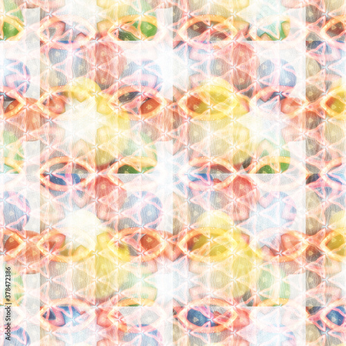 Kaleidoscope background pattern visible inside the eyelids when eyes closed
