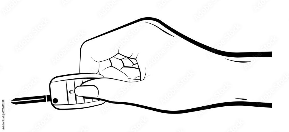 woman hand holds a folding car key with remote control. Car alarm, key fob. black and white vector woman hand holds a folding car key with remote control. Car alarm, key fob. black and white vector