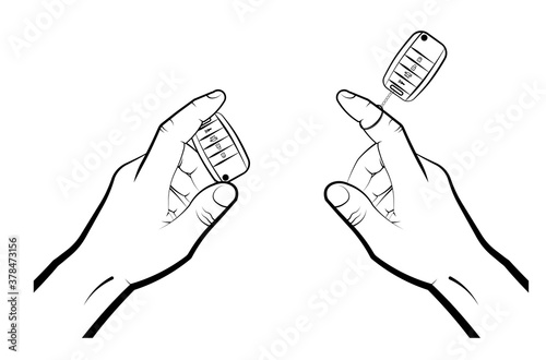 man hand twists a folding car key with remote control on his finger. Car alarm, key fob. black and white vector in flat and linear style