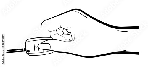 woman hand holds a folding car key  with remote control. Car alarm, key fob. black and white vector