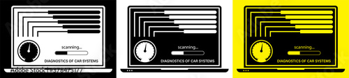 laptop checks that the vehicle is working properly. Computer diagnostics of car systems with special programs. Car service in service center. Vector