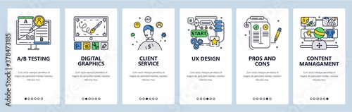 Design thinking process. Digital graphics ab testing customer service. Mobile app screens vector website banner template