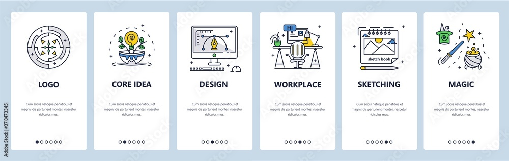 Fototapeta premium Obszar roboczy projektanta graficznego. Stworzenie logo, idea marki, szkicowanie. Ekrany aplikacji mobilnej wektor szablon banera witryny internetowej