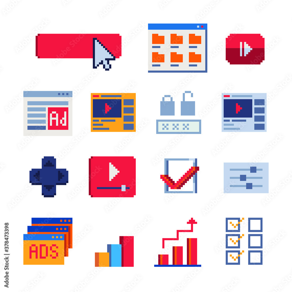 Pixel art abstract icons set. Isolated vector illustration. Buttons and ...