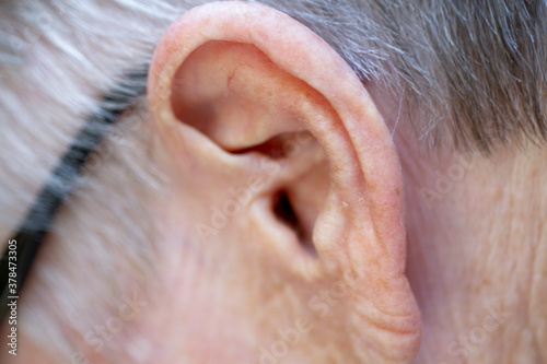The ear of an elderly woman. 