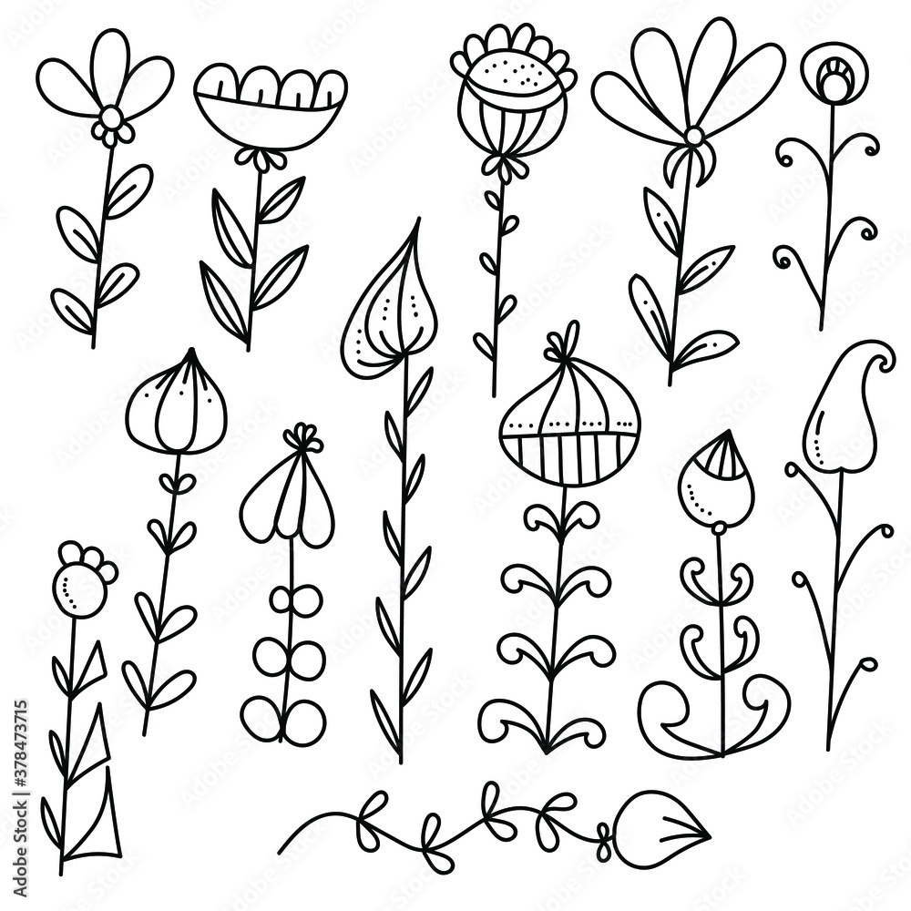 Doodle plants with symmetrical and asymmetrical leaves of various shapes, fantasy patterned flowers, vector outline illustration Doodle plants with symmetrical and asymmetrical leaves of various shapes, fantasy patterned flowers, vector outline illustration