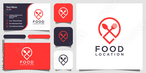 food location logo design, with the concept of a pin icon combined with a fork and spoon. business card design
