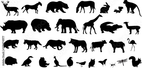 Collection of animal silhouettes, Rhino, Deer, Fox, giraffe, Elephant, Elk, Monkey, Lion, Sheep, Rabbit etc.