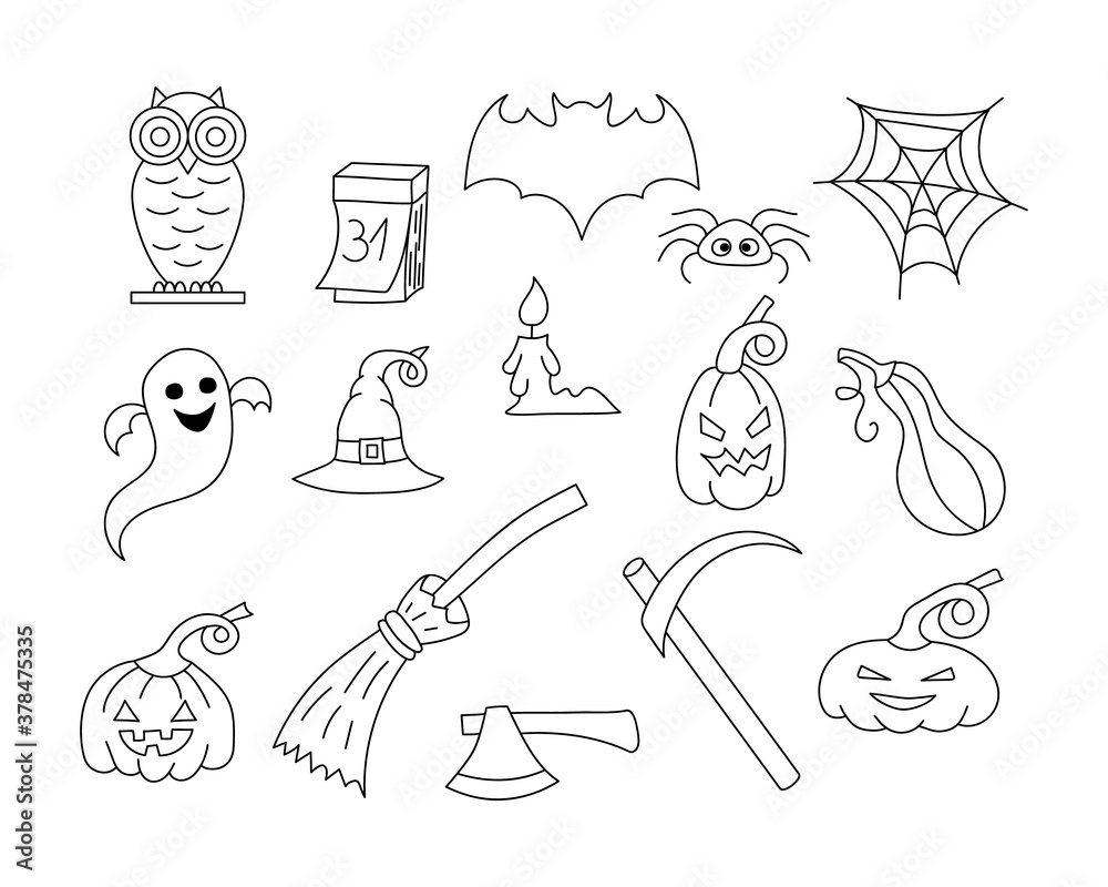 Premium Vector, Set doodle drawing hand drawn halloween black and white