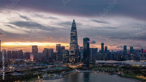 Sunset bustling city high-rise buildings