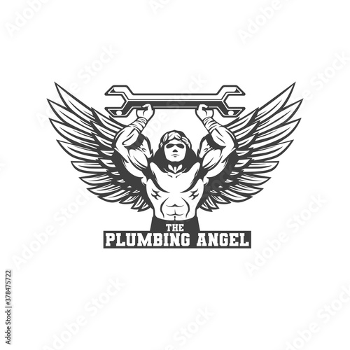 the plumbing angel. logo plumber. service logo. a man with wings angel and wrench. vector illustration