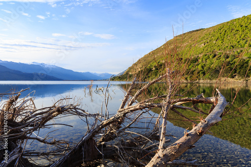 Beautiful scenic mountain view of Lake Hawea in the south island of New Zealand.