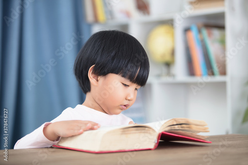 Little oriental girl is reading 