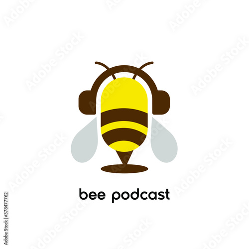 podcast honey bee bug cute character wearing headphone headset logo icon design vector illustration template
