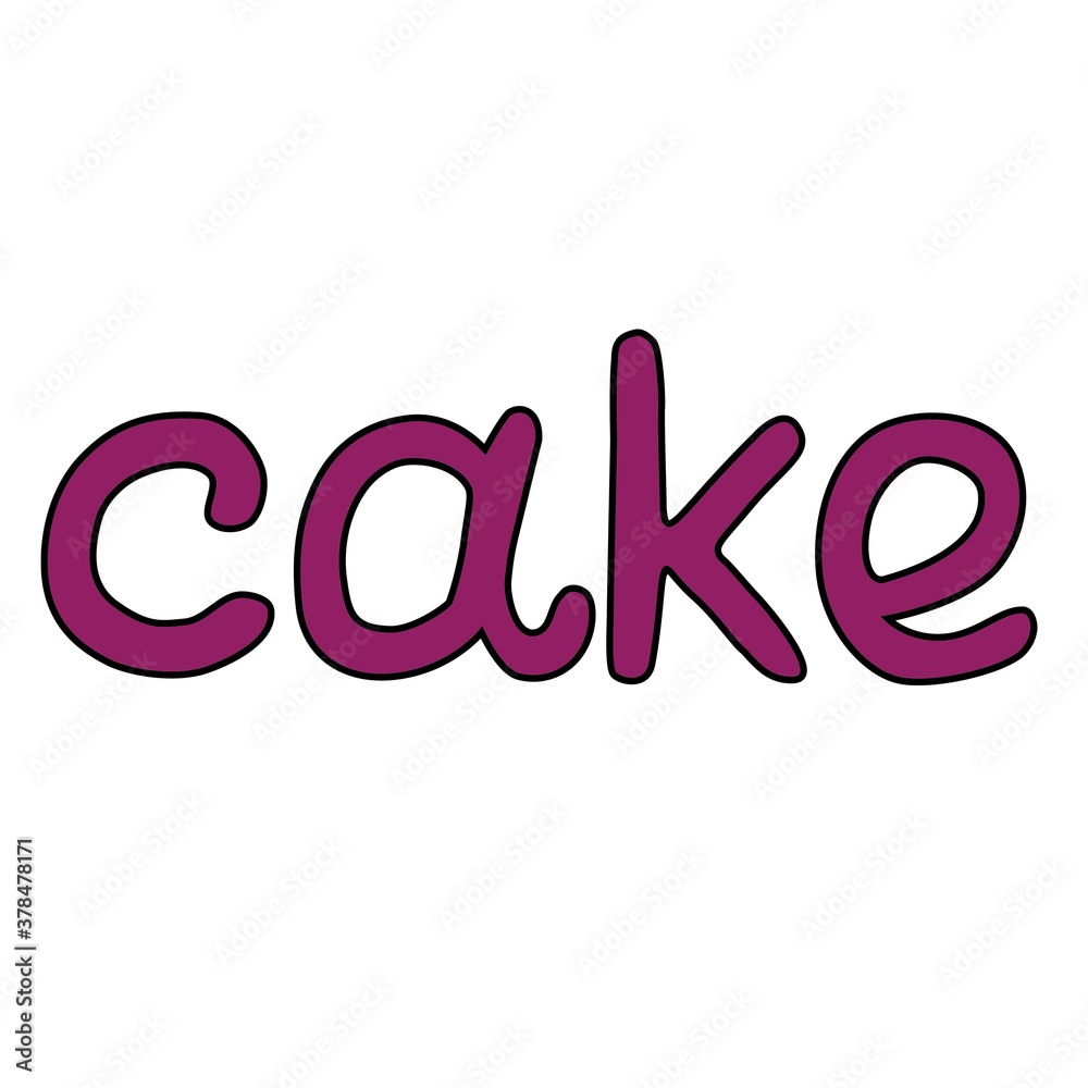 Hand drawn word CAKE, made in rouded letters. Purple text letters and