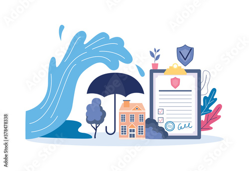 House insurance banner concept, building protected from flood wave