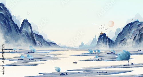 飘雪的The cold winter landscape, with snowflakes. Oriental winter ink landscape painting